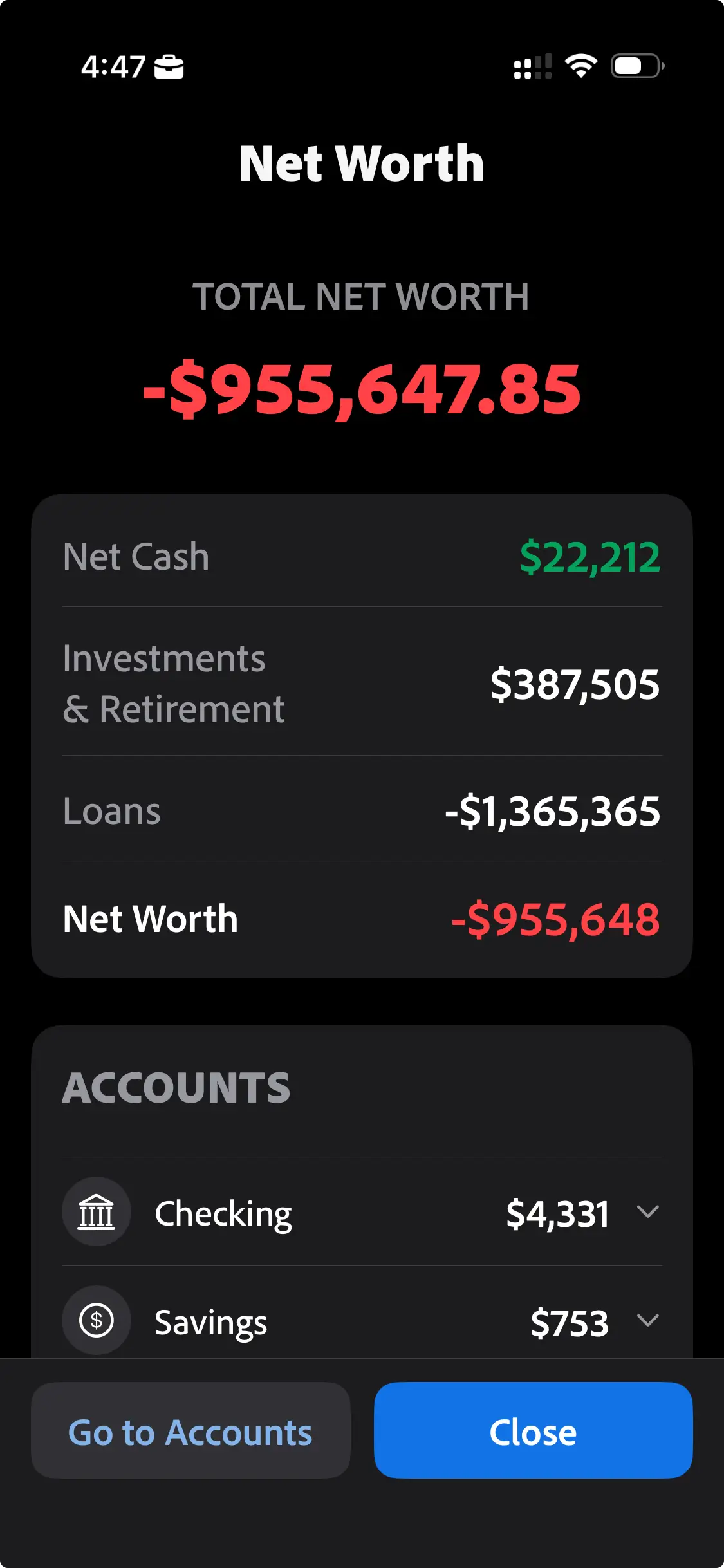 Net Worth screen